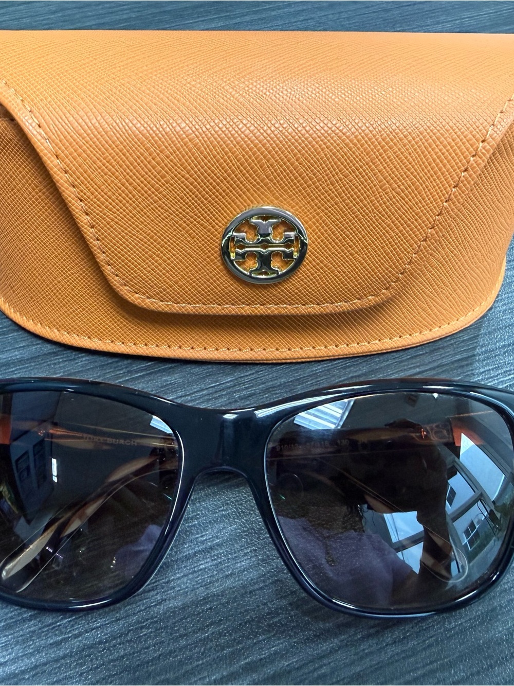 Tory Burch Orange Saffiano Case with Black Tory Burch Sunglasses- like New